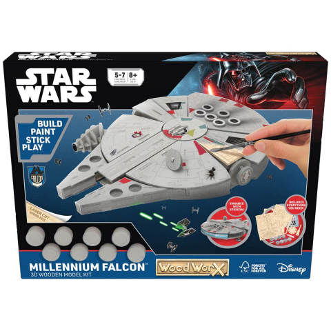 Jucarii educative - Wood WorX-Macheta de asamblat, Wood WorX - Star Wars - Millennium Falcon, cu 80+ piese din lemn + vopsea, pensula si adeziv inclus