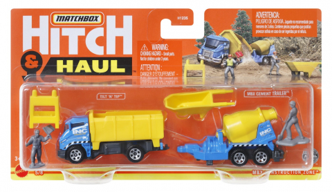 Jucarii sub 50 RON - Matchbox Hitch&Haul Set 2 Vehicule Mbx Construction Zone Tilt N Tip Mbx Cement Trailer Scara 1:64