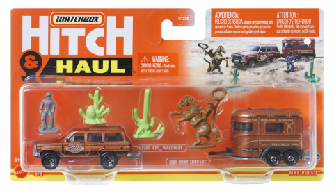Játékok 50 RON alatt - Matchbox Hitch&Haul Set 2 Vehicule Mbx Rodeo 1988 Jeep Wagoneer Mbx Pony Trailer Scara 1:64