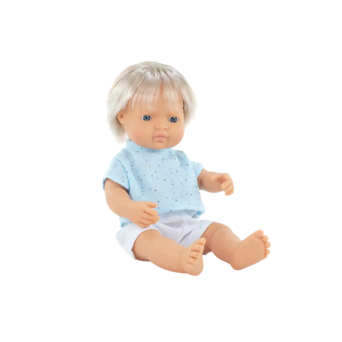 Cadouri botez - Papusa-baiat-caucazian-blond-38-cm-cu-tricoul-bleu,-corp-parfumat,-colectia-My-Friends-and-Me-Miniland