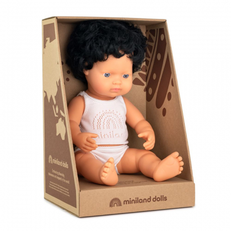 Oktató játékok és játékok - Miniland Papusa educativa 38 cm Baiat caucazian cu par negru si ondulat