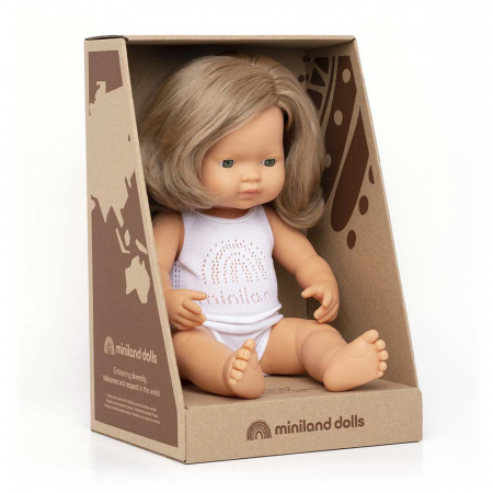 Oktató játékok és játékok - Miniland Papusa educativa 38 cm Fetita caucaziana blond inchis