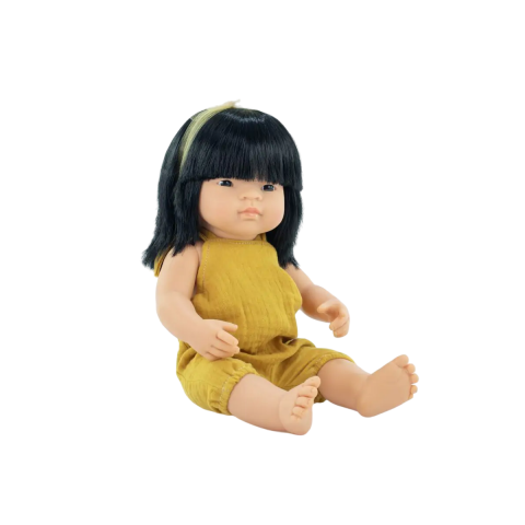 Cadouri botez - Papusa-fetita-asiatica-38-cm-in-salopeta-mustar,-corp-parfumat,-colectia-My-Friends-and-Me-Miniland