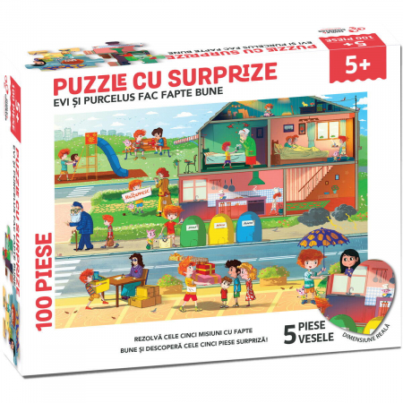 Cadouri copii - EDU CLASS Puzzle cu surprize - Evi si Purcelus fac fapte bune 100 piese 