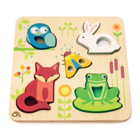 Oktató játékok - Puzzle educativ senzorial tactil Animalute din padure, din lemn premium - Touchy Feely Animals - Tender Leaf Toys