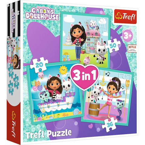 Jucarii sub 50 RON - Puzzle Trefl 3In1 Gabbys Dollhouse Activitatile Lui Gabby