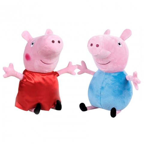Jucarii 0-1 ani - Set 2 jucarii din plus George 27 cm & Peppa Pig cu rochie rosie din satin 25 cm, Peppa Pig