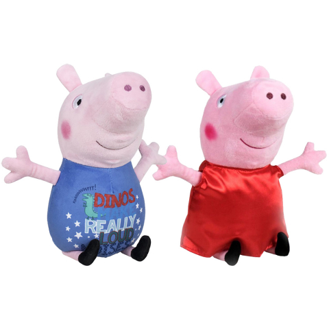 Jucarii 0-1 ani - Set 2 jucarii din plus George Dinos & Peppa Pig cu rochie rosie din satin 17 cm, Peppa Pig