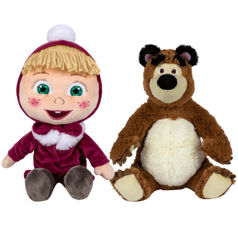 Jucarii 0-1 ani - Set 2 jucarii din plus Masha cu pardesiu 26 cm si Ursul 25 cm, Masha & The Bear