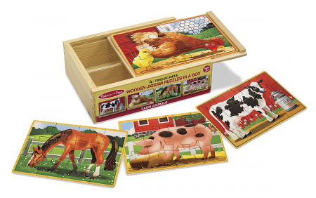 Háziállat figurák - Melissa-Doug-Set-4-puzzle-lemn-in-cutie-Animale-domestice