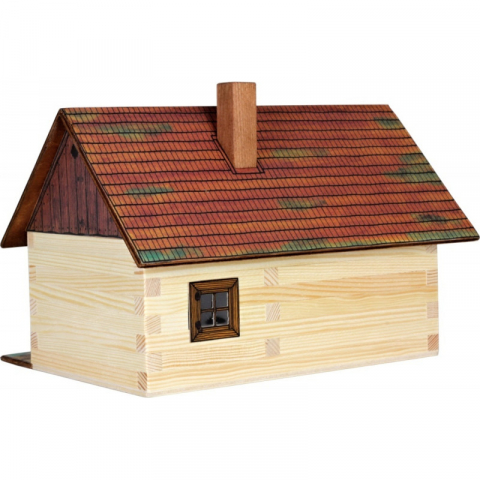 Játékok 9-12 éveseknek - Set constructie arhitectura Casa din busteni, 100 piese din lemn, Walachia