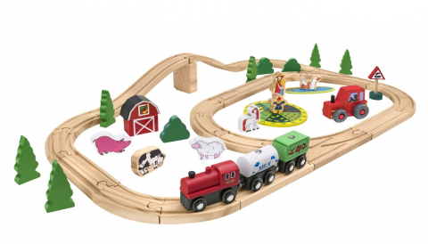 Cadouri botez - Set-de-joaca-din-lemn-pentru-copii,-trenulet-pe-traseu-cu-sine,-1-vagon-si-2-locomotive-prindere-magnetica,-sine-universale,-47-piese-incluse,-piese-decor,-animale-si-copaci,-dimensiune-traseu-69-x-42-cm-Globo