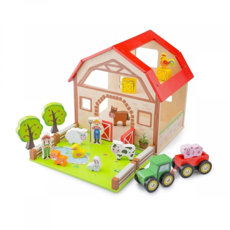 Háziállat figurák - New-Classic-Toys-Set-ferma-joc-de-rol-Hambar-cu-figurine-din-lemn