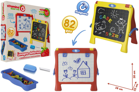 Jucarii educative - Globo-Tablita multifunctionala cu 2 fete, Globo, parte alba magnetica pentru scris cu marker si parte neagra pentru creta, 82 accesorii incluse in pachet, tavita pentru litere si cifre, creta si burete inclus, 38cm