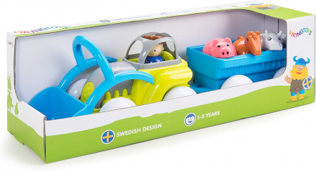 Jucarii motrice pentru bebelusi - VikingToys-Tractor culori vesele cu remorca si animalute  - Midi