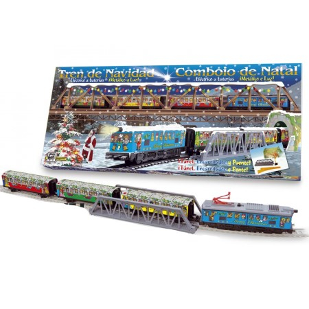 Jucarii de sezon - Pequetren-Trenulet electric Christmas cu lumina, pod si tunel
