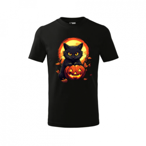 Cadouri personalizate - Bebeluc Print-Tricou Personalizat Copii Halloween – Pisică Neagră și Dovleac