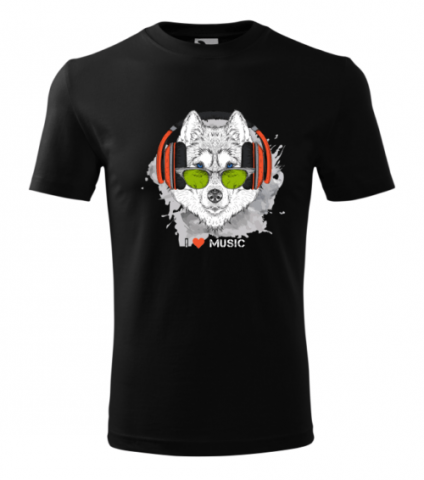 Cadouri personalizate - Bebeluc Print-Tricou Personalizat I Love Music cu Lup și Căști - Design Modern și Original