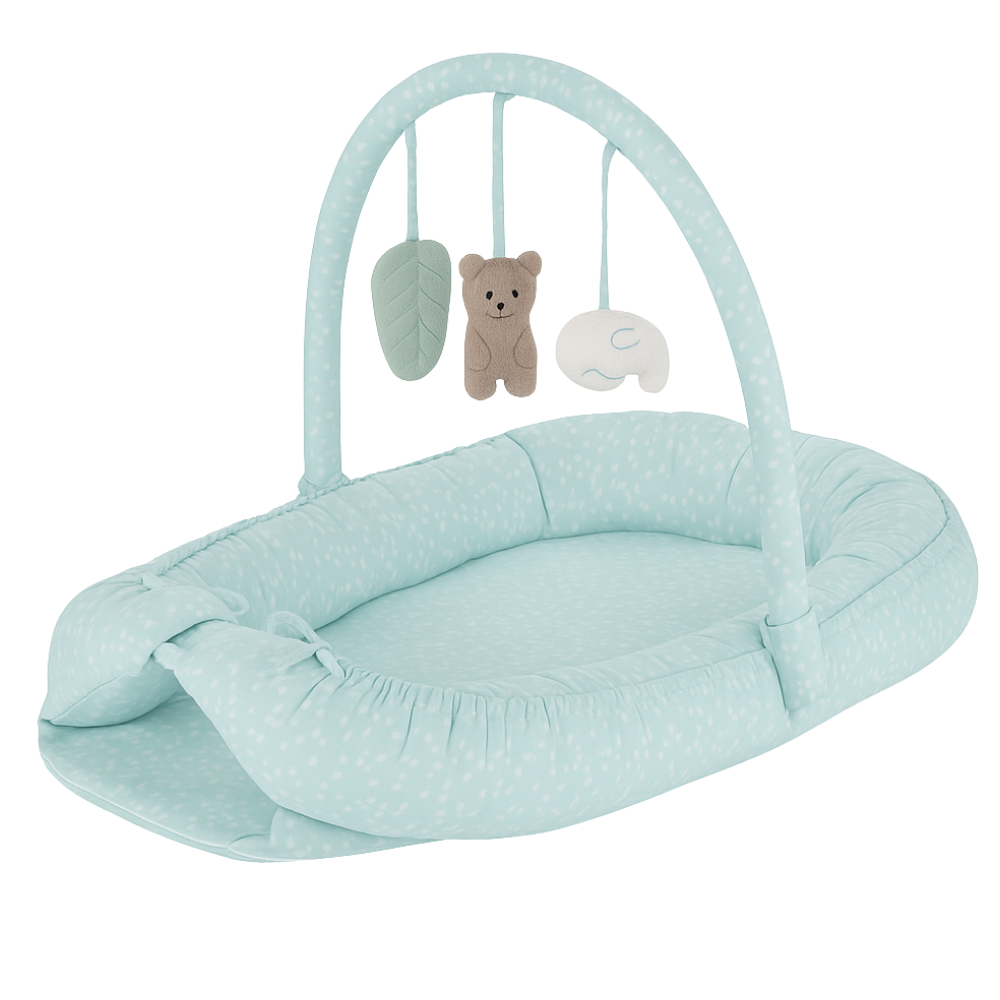 Baby Nest 2 in 1, cuib de bebelusi cu salteluta si bara de jucarii detasabila, Turquoise,BebePrice [4]