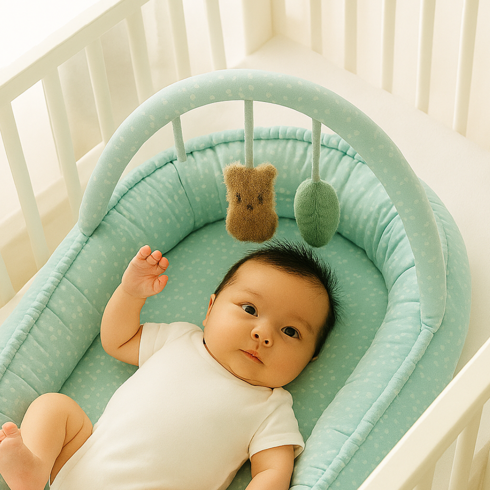 Baby Nest 2 in 1, cuib de bebelusi cu salteluta si bara de jucarii detasabila, Turquoise,BebePrice [6]