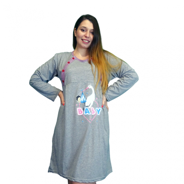 Camasa de alaptare Baby Birds, Grey-Magenta, Maneca Lunga BebePrice [5]