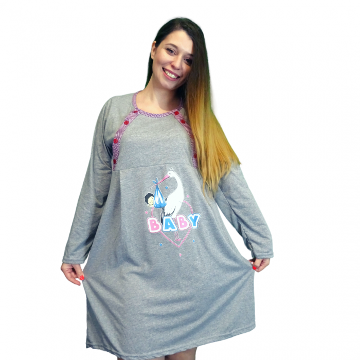 Camasa de alaptare Baby Birds, Grey-Magenta, Maneca Lunga BebePrice [4]