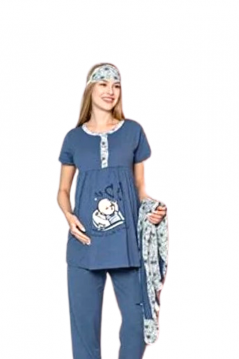 Compleu maternitate, 4 piese, Pijama+ Halat gravide, Milena, Powder Blue, maneca lunga BebePrice [3]