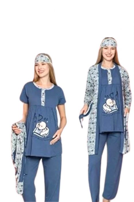 Compleu maternitate, 4 piese, Pijama+ Halat gravide, Milena, Powder Blue, maneca lunga BebePrice [2]