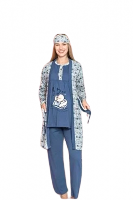 Compleu maternitate, 4 piese, Pijama+ Halat gravide, Milena, Powder Blue, maneca lunga BebePrice [4]
