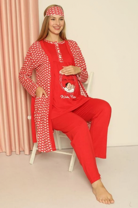 Compleu maternitate, 4 piese, Pijama+ Halat gravide, Milena, Raspberry maneca lunga BebePrice [5]