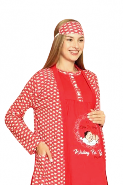 Compleu maternitate, 4 piese, Pijama+ Halat gravide, Milena, Raspberry maneca lunga BebePrice [3]