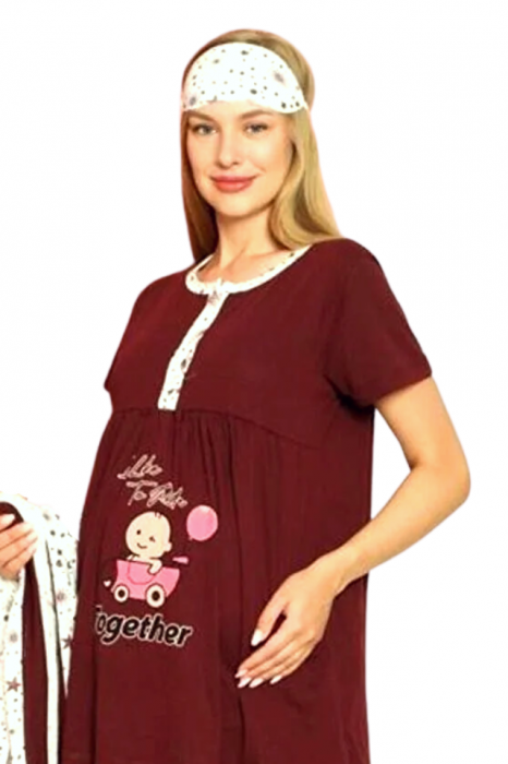 Compleu maternitate, CamaCompleu maternitate, 4 piese, Pijama+ Halat gravide, Milena, Royal Garnet, maneca lunga BebePricesa alaptat + Halat gravide, Grey-Magenta, Maneca Lunga BBP [4]