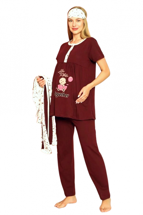 Compleu maternitate, CamaCompleu maternitate, 4 piese, Pijama+ Halat gravide, Milena, Royal Garnet, maneca lunga BebePricesa alaptat + Halat gravide, Grey-Magenta, Maneca Lunga BBP [2]