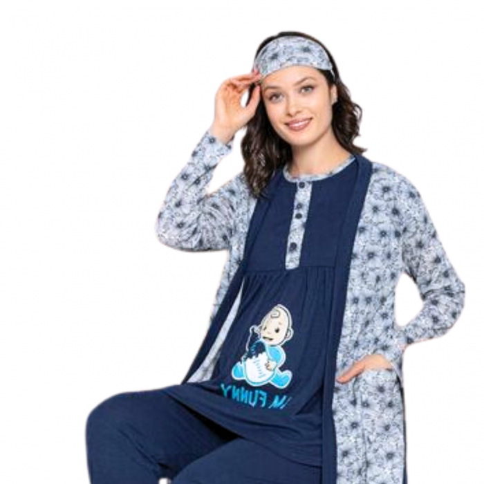 Compleu maternitate, 4 piese, Pijama+ Halat gravide, Baby, Blue, maneca lunga [2]