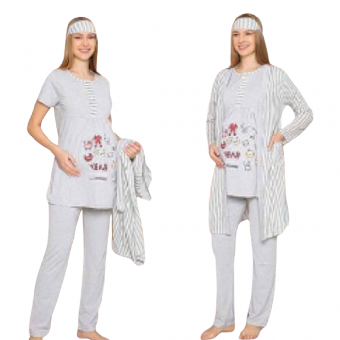 Compleu maternitate, 4 piese, Pijama+ Halat gravide, Baby, Grey, maneca lunga, BebePrice [4]