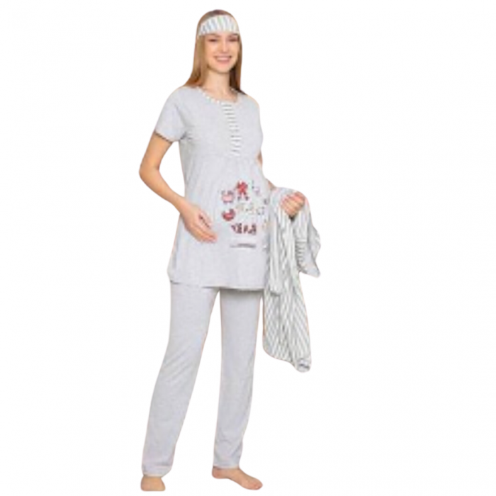 Compleu maternitate, 4 piese, Pijama+ Halat gravide, Baby, Grey, maneca lunga, BebePrice [3]