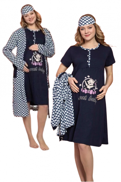 Compleu maternitate, Camasa alaptat + Halat gravide - 3 piese, Navy Sweet Baby [4]