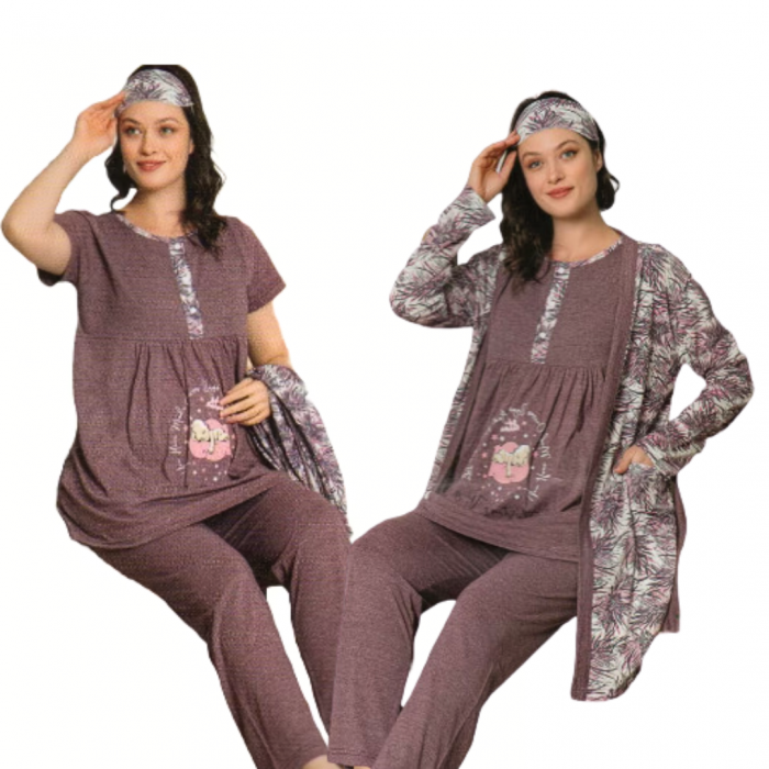 Compleu maternitate, 4 piese, Pijama+ Halat gravide, Baby, Light Mauve, maneca lunga, BebePrice [4]