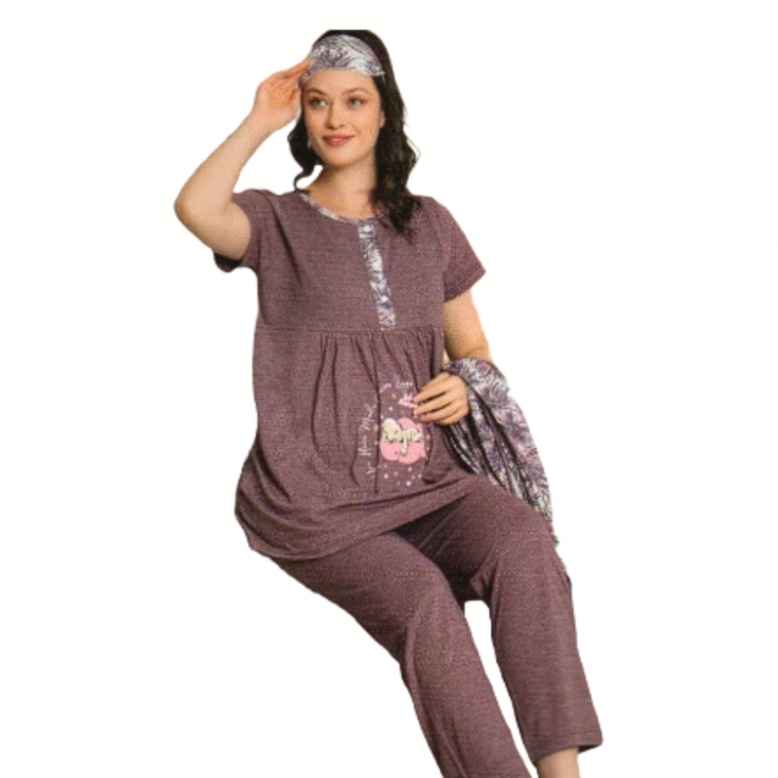 Compleu maternitate, 4 piese, Pijama+ Halat gravide, Baby, Light Mauve, maneca lunga, BebePrice [2]