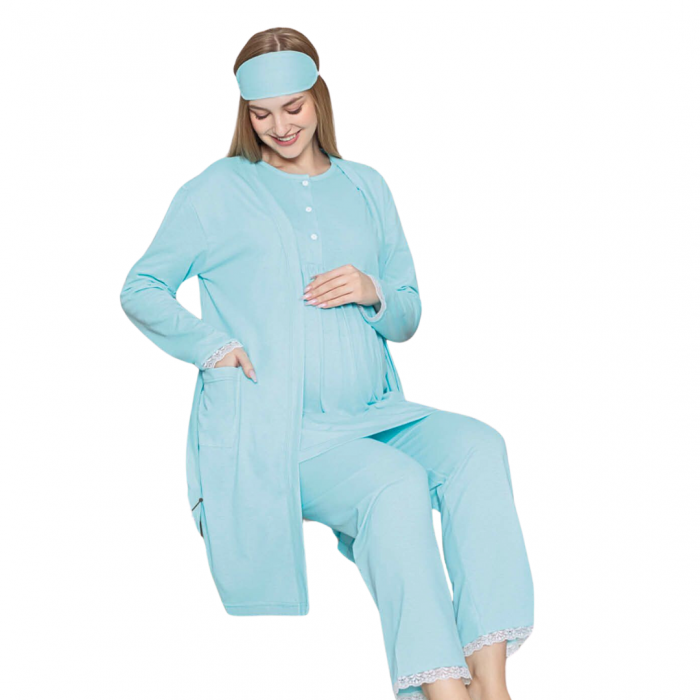 Compleu maternitate, 4 piese, Pijama+ Halat gravide, Sella, Azure, maneca lunga, BebePrice [4]