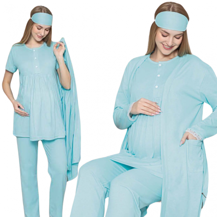 Compleu maternitate, 4 piese, Pijama+ Halat gravide, Sella, Azure, maneca lunga, BebePrice [2]