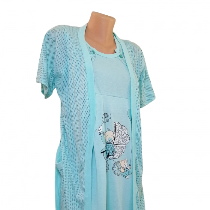 Compleu maternitate, Camasa alaptat + Halat gravide, Baby Stroller, Turquoise - Maneca scurta [2]