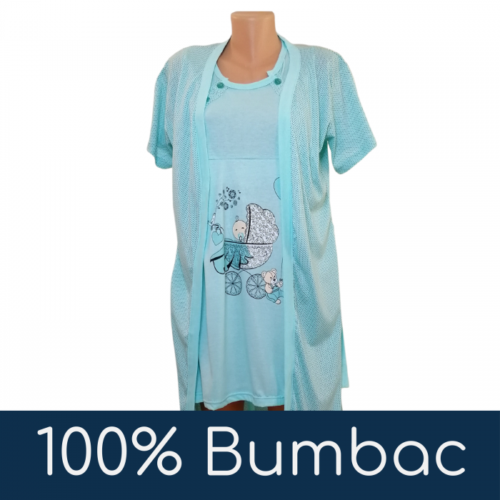 Compleu maternitate, Camasa alaptat + Halat gravide, Baby Stroller, Turquoise - Maneca scurta [5]