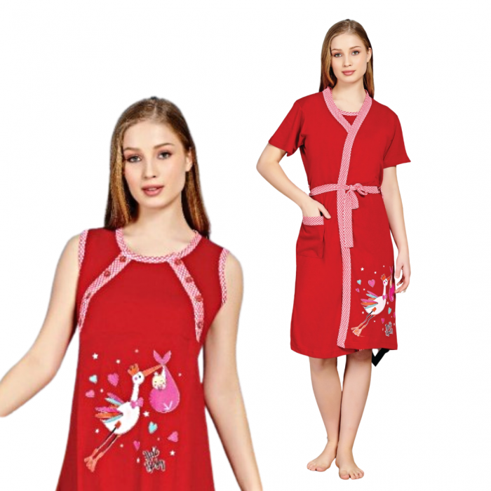 Compleu maternitate, Camasa alaptat + Halat gravide, Birds Eclipse Red, Maneca Scurta BBP [5]