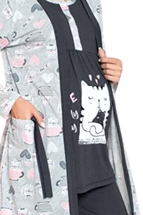 Compleu maternitate, 4 piese, Pijama+ Halat gravide, Milena, Pure Grey, maneca lunga BebePrice [3]