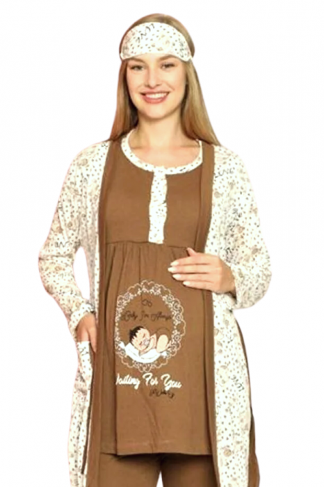 Compleu maternitate, 4 piese, Pijama+ Halat gravide, Milena, Mild Brownie, maneca lunga BebePrice [3]