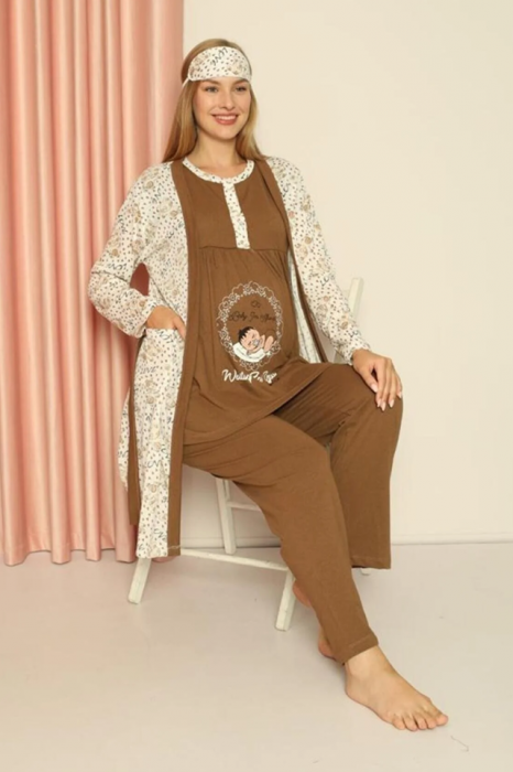 Compleu maternitate, 4 piese, Pijama+ Halat gravide, Milena, Mild Brownie, maneca lunga BebePrice [5]