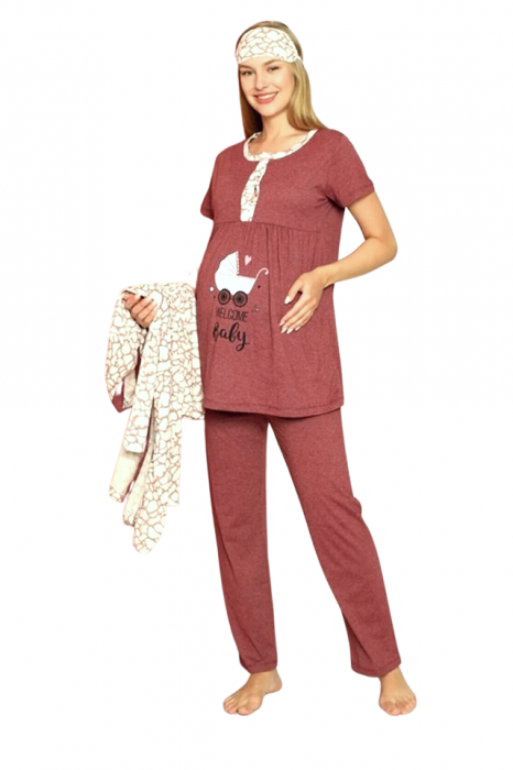 Compleu maternitate, 4 piese, Pijama+ Halat gravide, Milena, Powder Garnet, maneca lunga BebePrice [5]