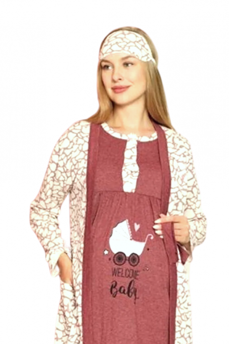 Compleu maternitate, 4 piese, Pijama+ Halat gravide, Milena, Powder Garnet, maneca lunga BebePrice [2]