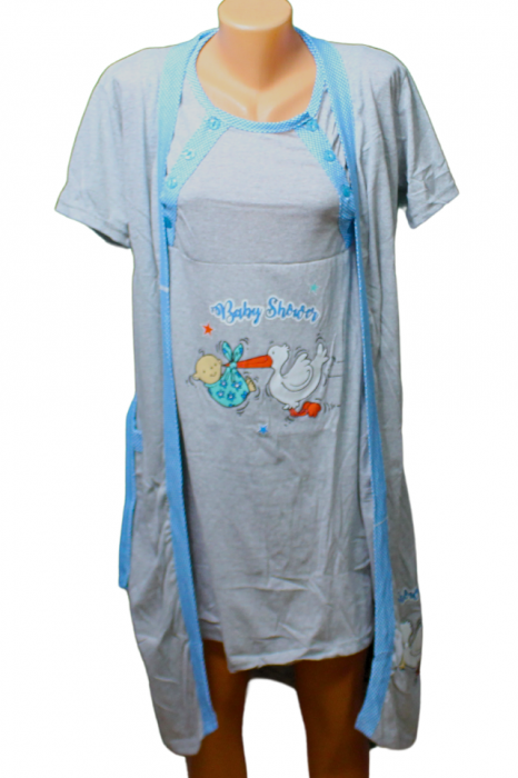 Compleu maternitate, Camasa alaptat + Halat gravide, Baby Shower, Grey-Blue, BebePrice [2]